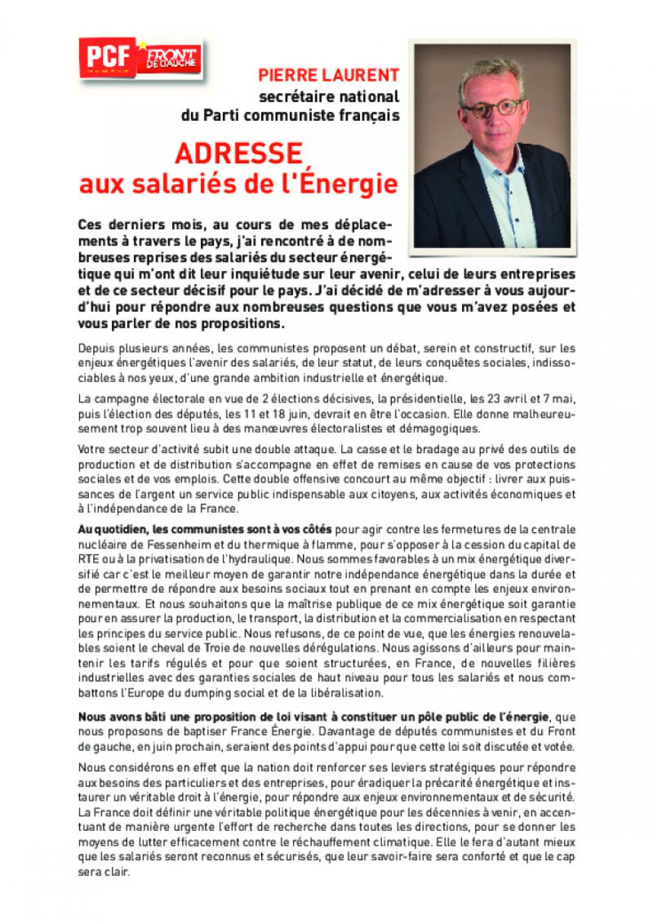 Adresse de Pierre Laurent aux salariés de l'énergie